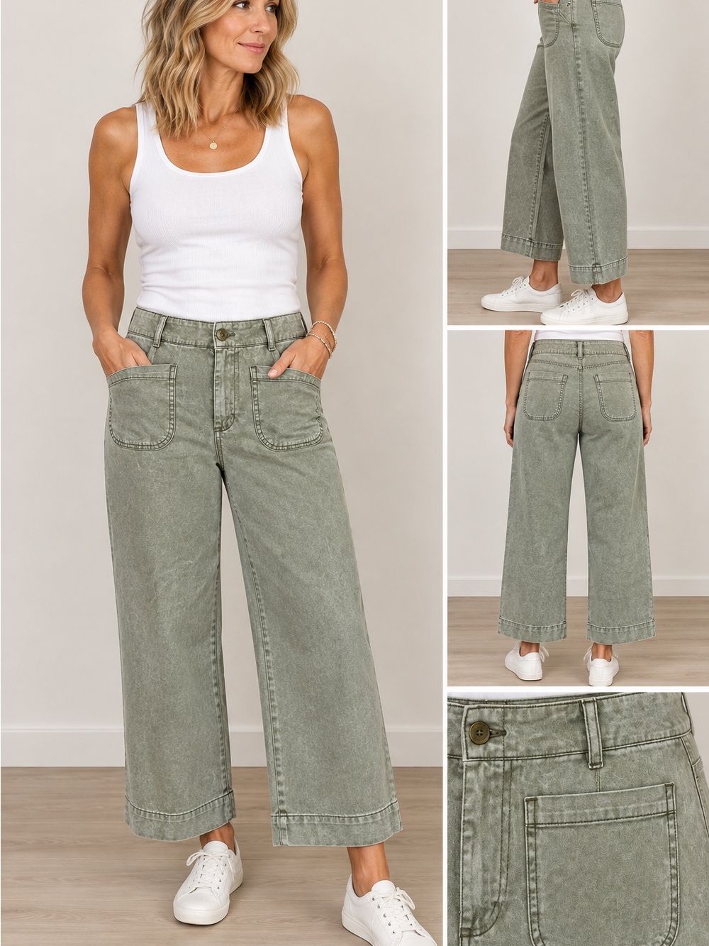 Bagatelle Patch Pocket Cropped Wide-Leg Pants in Sage Green